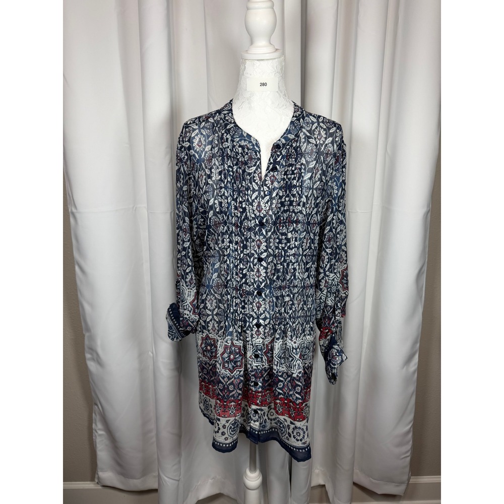 One World Women Navy Blue Boho Floral Pintuck Sheer Button Front Tunic Top XXXL